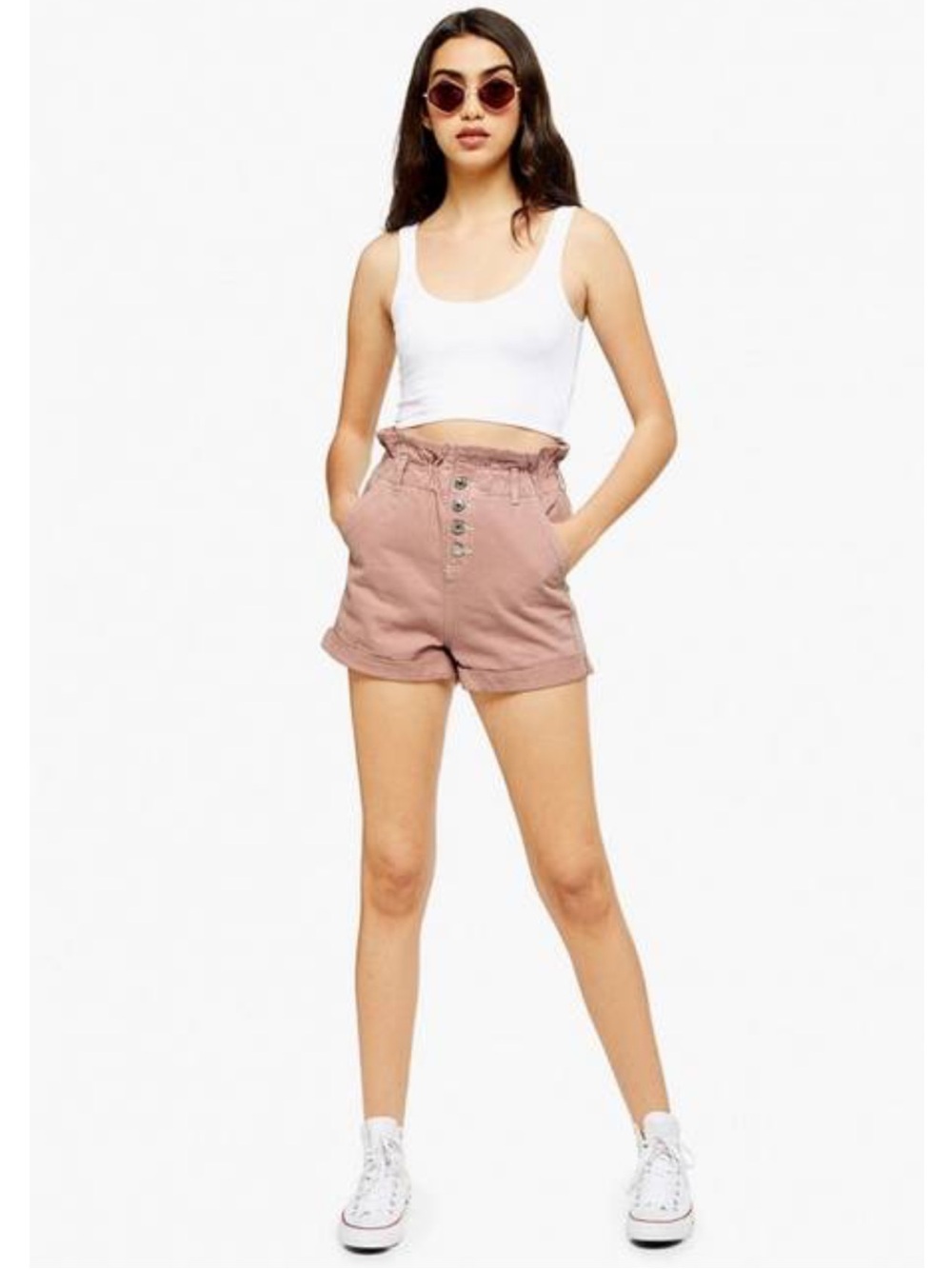 Topshop Paperbag Waist Denim Shorts cotton Pink (fits like 6-8) 8